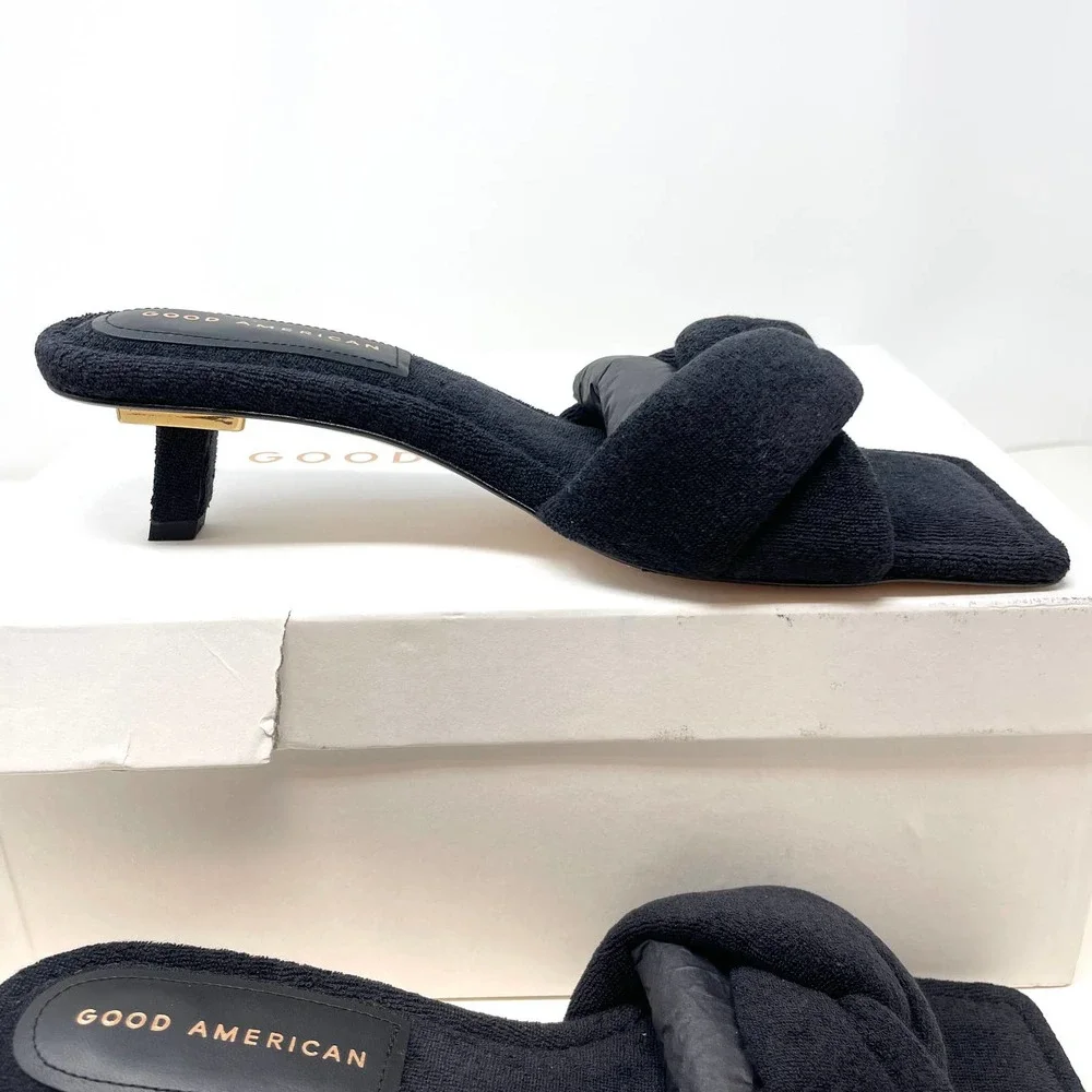 Good American Terry Twisted Strap Kickstand Mules Sandals In Black Size 8 New